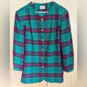 Vintage Koret Women's Green and Purple Plaid Blazer PtP 24 inches